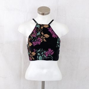 Crop Cami Black w. Floral Design Size S Y2K